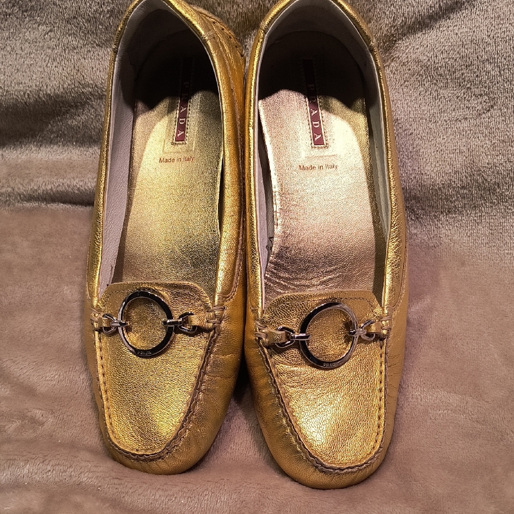 PRADA Gold Loafers with Metal Accent Women's